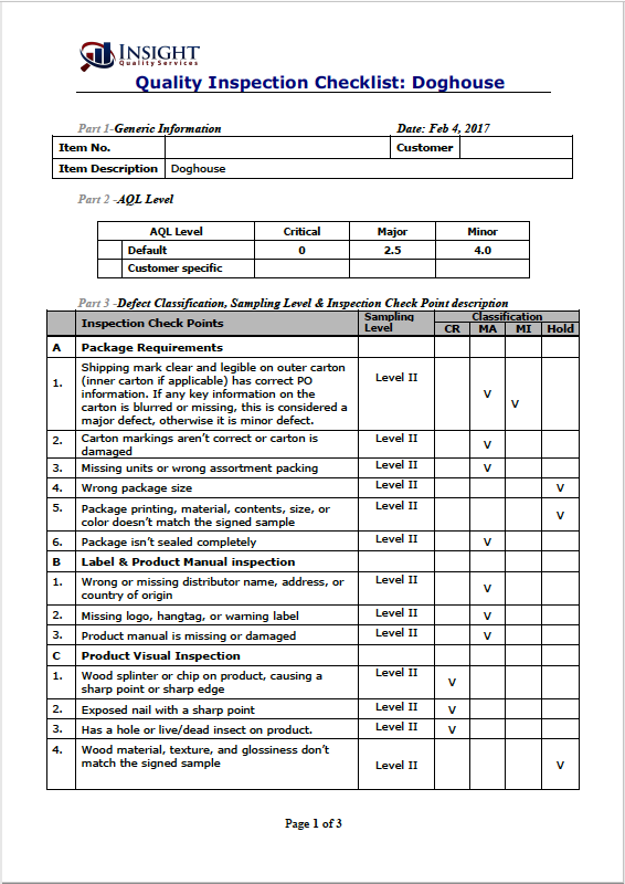 Quality Control Inspection Checklist Template