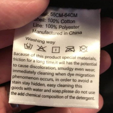 Clothing label with strange writing and poor grammar