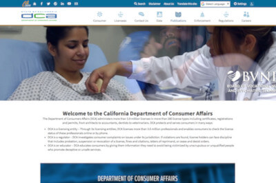 Screenshot of California DCA website