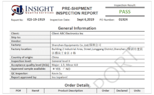 Inspection Report from a product quality inspection