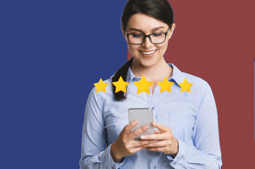 Woman giving 5-star rating on her mobile phone