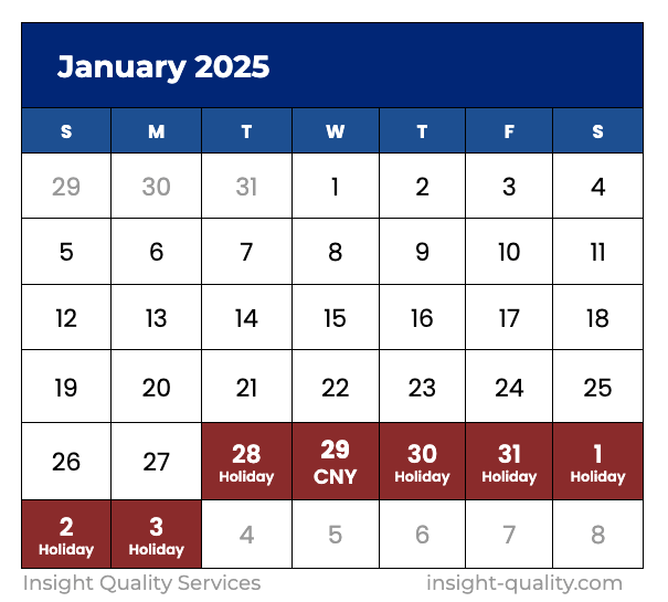 January 2025 calendar with the Chinese New Year factory shutdown official dates