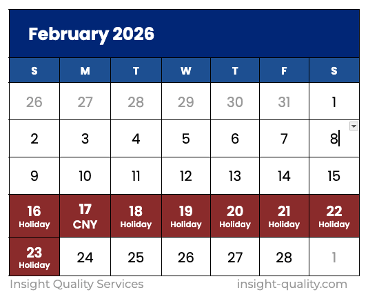 February 2026 calendar with the Chinese New Year with estimated official factory shutdown dates